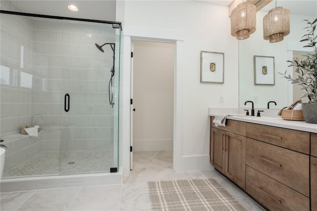 1168 Mado Loop, Chattahoochee Hills, GA 30268 - bathroom with vanity, a stall shower, and baseboards