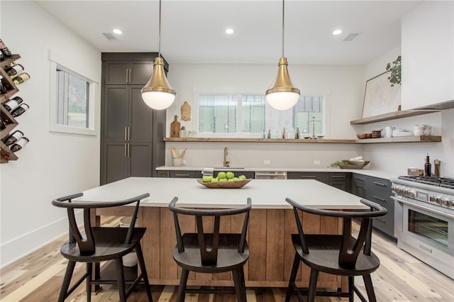 1168 Mado Loop, Chattahoochee Hills, GA 30268 - kitchen featuring range with two ovens, open shelves, light countertops, light wood-style floors, and recessed lighting
