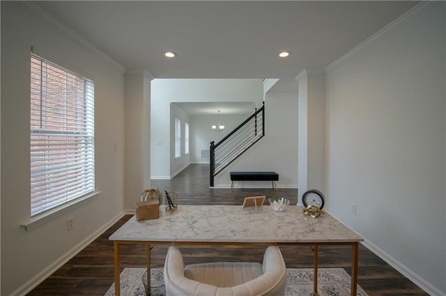 home office with crown molding, dark hardwood / wood-style floors, and a notable chandelier