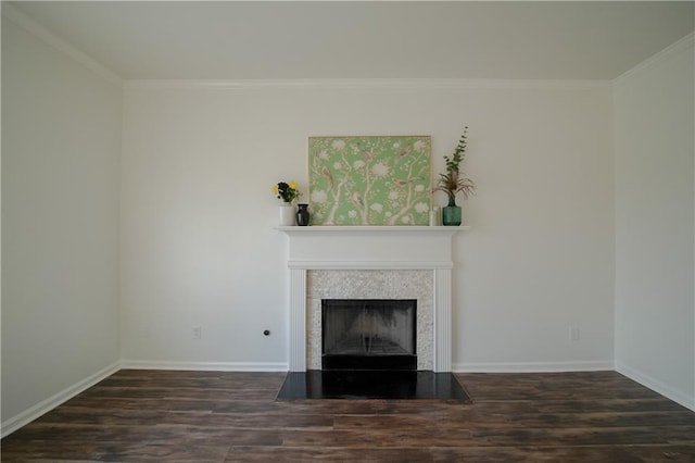 unfurnished living room with dark wood-type flooring and ornamental molding