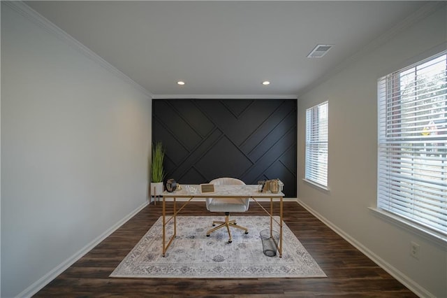 office featuring ornamental molding and dark hardwood / wood-style floors