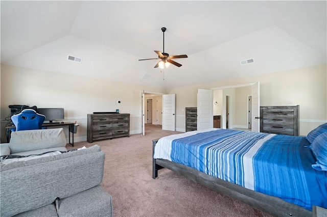 carpeted bedroom featuring baseboards, ceiling fan, vaulted ceiling, and visible vents