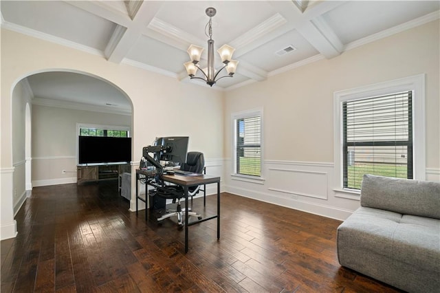 office space with visible vents, arched walkways, coffered ceiling, and an inviting chandelier