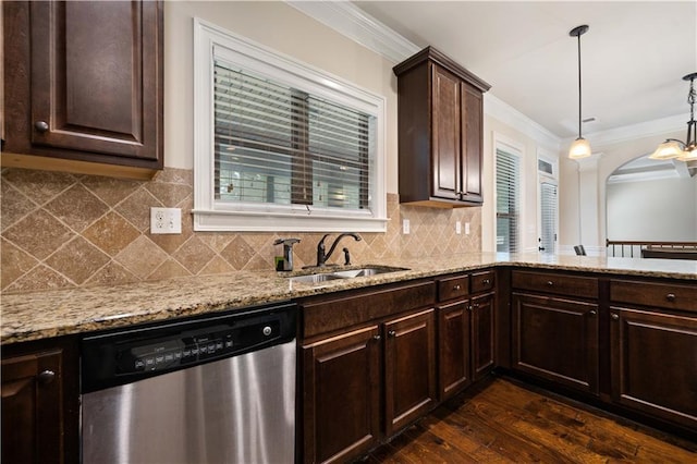 kitchen featuring dark brown cabinets, a sink, light stone counters, dishwasher, and ornamental molding