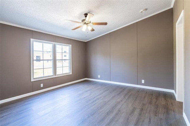 spare room with ornamental molding, ceiling fan, a textured ceiling, and dark hardwood / wood-style flooring