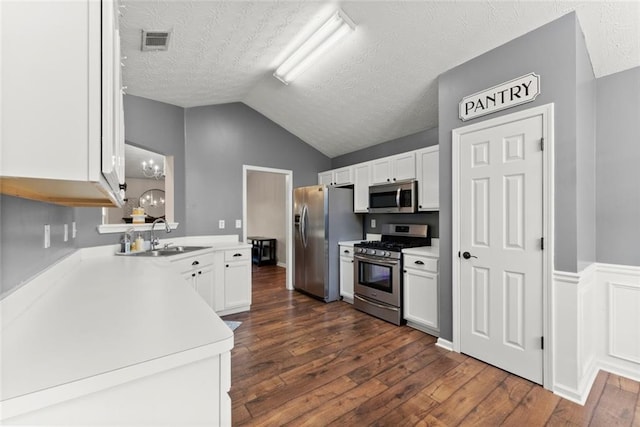 kitchen with visible vents, lofted ceiling, dark wood-type flooring, stainless steel appliances, and a sink