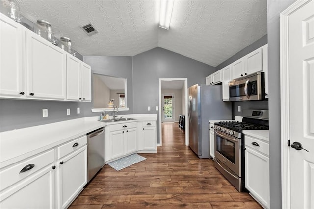 kitchen with appliances with stainless steel finishes, light countertops, visible vents, and a sink