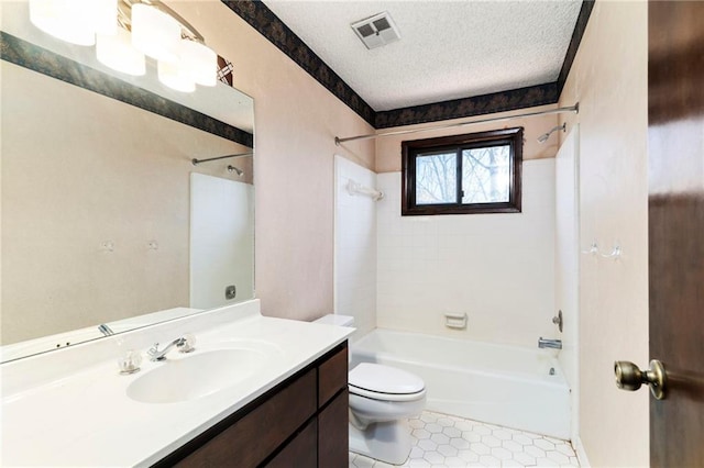 full bathroom featuring a textured ceiling, toilet, vanity, visible vents, and washtub / shower combination