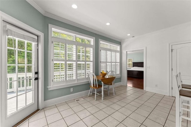 4514 Walking Stick Ln, Gainesville, GA 30506 - dining area featuring crown molding, light tile patterned flooring, baseboards, and recessed lighting