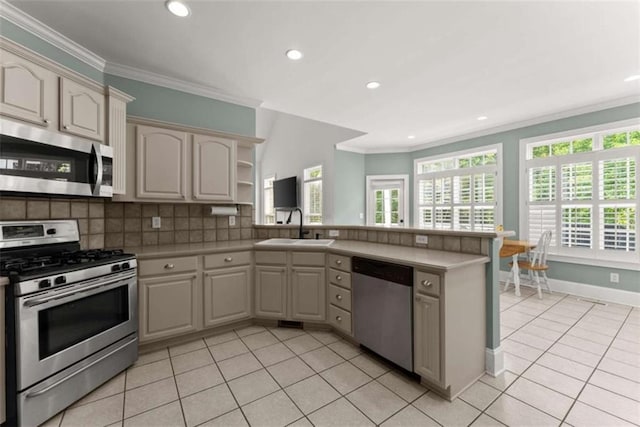4514 Walking Stick Ln, Gainesville, GA 30506 - kitchen with stainless steel appliances, a sink, a peninsula, crown molding, and light tile patterned floors