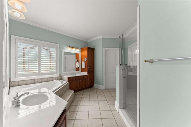 4514 Walking Stick Ln, Gainesville, GA 30506 - full bath featuring vanity, ornamental molding, a stall shower, a bath, and baseboards