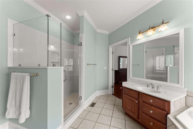 4514 Walking Stick Ln, Gainesville, GA 30506 - bathroom featuring vanity, a stall shower, crown molding, tile patterned floors, and a bath