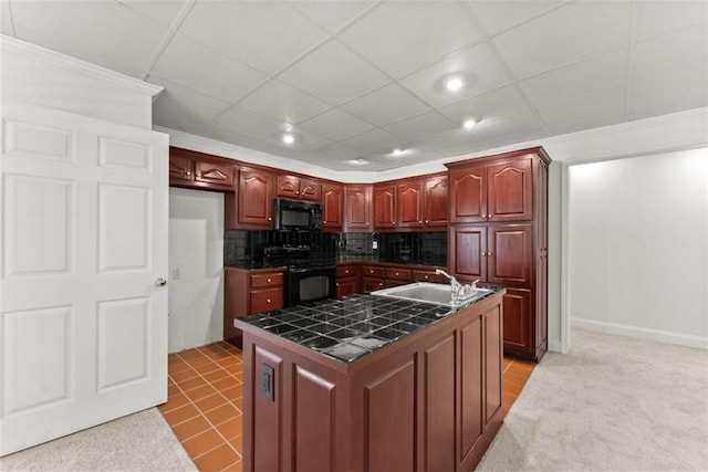 4514 Walking Stick Ln, Gainesville, GA 30506 - kitchen featuring a sink, black appliances, tasteful backsplash, light colored carpet, and crown molding