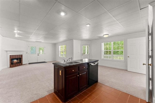 4514 Walking Stick Ln, Gainesville, GA 30506 - kitchen with carpet flooring, dishwashing machine, open floor plan, a sink, and a paneled ceiling