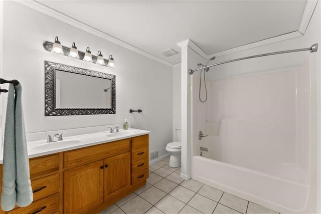 4514 Walking Stick Ln, Gainesville, GA 30506 - bathroom with toilet, ornamental molding, shower / bathtub combination, double vanity, and tile patterned flooring