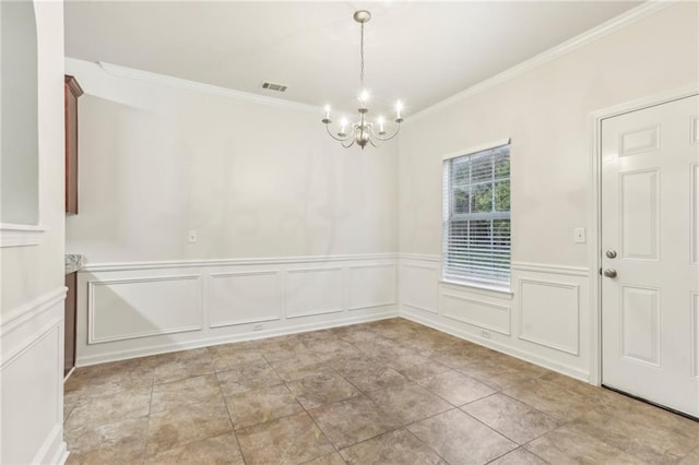 unfurnished dining area with a notable chandelier, ornamental molding, and light tile patterned flooring