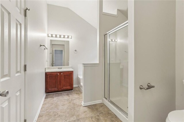 full bathroom with plus walk in shower, toilet, vanity, and lofted ceiling