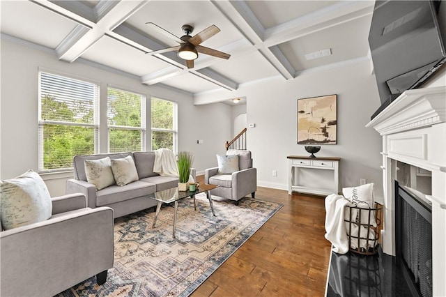 2396 Whiteoak Bnd SE Unit 16, Smyrna, GA 30080 - living area featuring coffered ceiling, ceiling fan, hardwood / wood-style flooring, beam ceiling, and baseboards