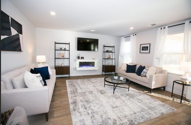 734 Great Oak Pl, Villa Rica, GA 30180 - living room with visible vents, recessed lighting, a glass covered fireplace, and wood finished floors