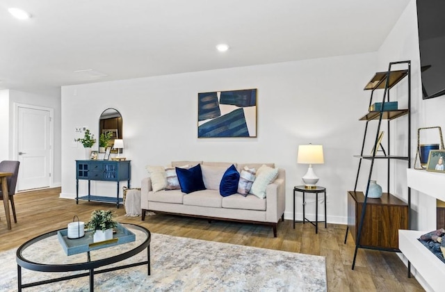 734 Great Oak Pl, Villa Rica, GA 30180 - living room featuring baseboards, recessed lighting, and wood finished floors