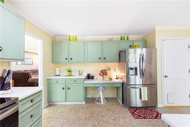 599 Palmer Ct SE, Conyers, GA 30094 - kitchen with crown molding, green cabinetry, stainless steel refrigerator with ice dispenser, and light tile floors