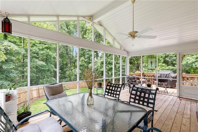 599 Palmer Ct SE, Conyers, GA 30094 - sunroom with vaulted ceiling with beams and ceiling fan