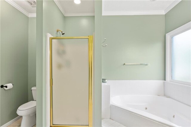 bathroom with visible vents, a shower stall, crown molding, toilet, and a whirlpool tub