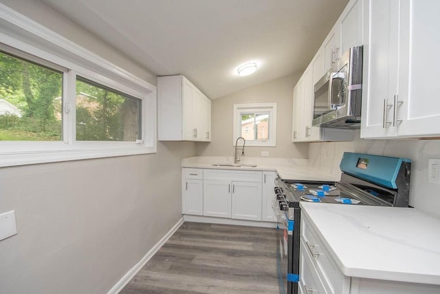 kitchen with wood finished floors, a sink, stainless steel appliances, white cabinets, and vaulted ceiling