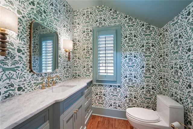 1830 Maple St, Carrollton, GA 30117 - half bathroom with wallpapered walls, wood finished floors, vanity, vaulted ceiling, and toilet