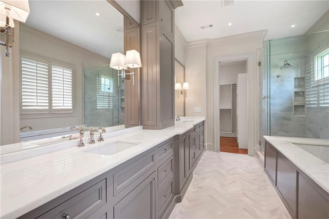 1830 Maple St, Carrollton, GA 30117 - full bathroom with a shower stall, double vanity, crown molding, a bath, and a walk in closet