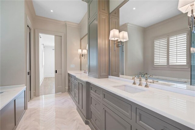 1830 Maple St, Carrollton, GA 30117 - bathroom with crown molding, double vanity, and recessed lighting