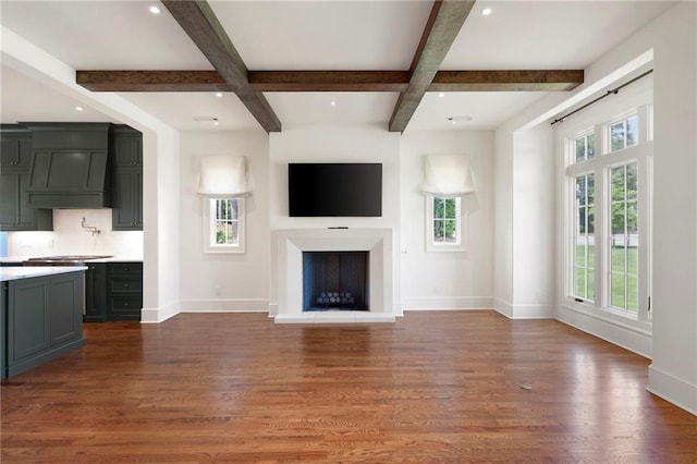 1830 Maple St, Carrollton, GA 30117 - unfurnished living room with baseboards, beamed ceiling, wood finished floors, a fireplace, and coffered ceiling