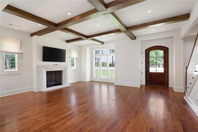 1830 Maple St, Carrollton, GA 30117 - unfurnished living room with stairway, beamed ceiling, wood finished floors, baseboards, and coffered ceiling