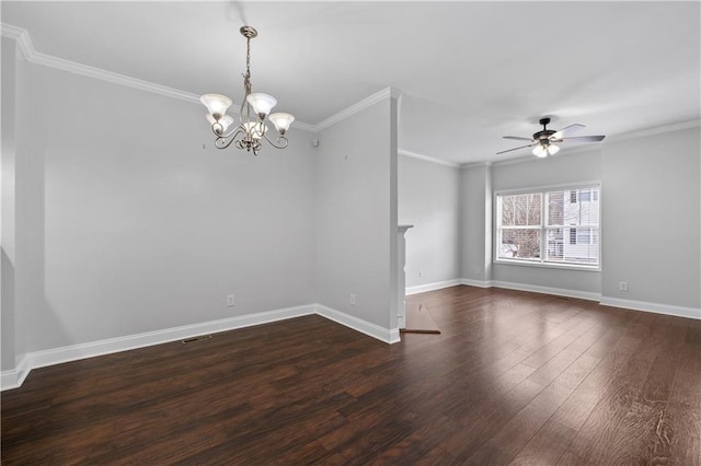 unfurnished room with ceiling fan with notable chandelier, crown molding, and dark wood-type flooring