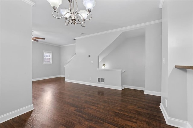 additional living space featuring ceiling fan with notable chandelier and dark hardwood / wood-style flooring