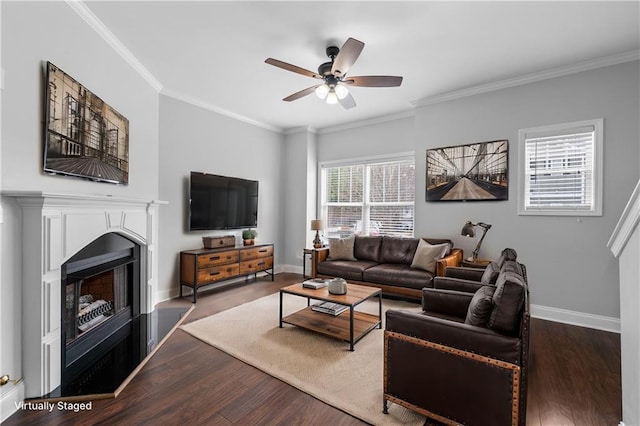 living room with ceiling fan, dark wood-type flooring, and crown molding