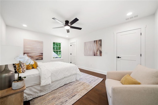 bedroom featuring ceiling fan and wood-type flooring