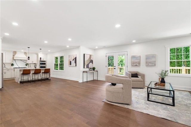 living room with french doors and hardwood / wood-style flooring