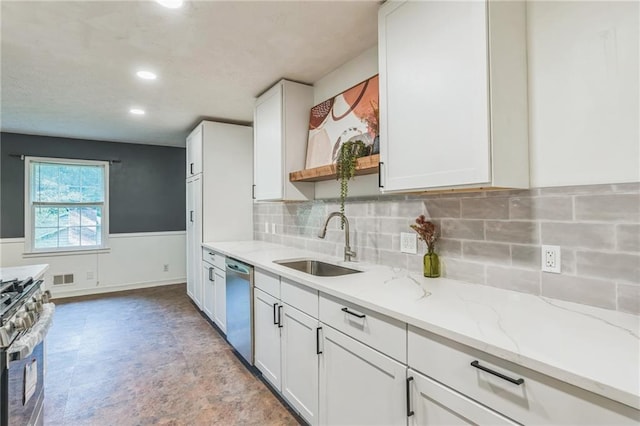 364 Stafford St SW, Marietta, GA 30064 - kitchen with appliances with stainless steel finishes, open shelves, white cabinets, recessed lighting, and a wainscoted wall