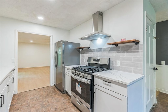 364 Stafford St SW, Marietta, GA 30064 - kitchen featuring wall chimney exhaust hood, stainless steel appliances, open shelves, backsplash, and white cabinets