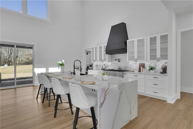 kitchen featuring custom exhaust hood, stove, a kitchen island with sink, light stone countertops, and white cabinets