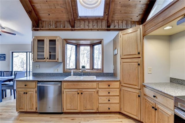 kitchen featuring stainless steel dishwasher, a sink, light wood-type flooring, light brown cabinetry, and wood ceiling