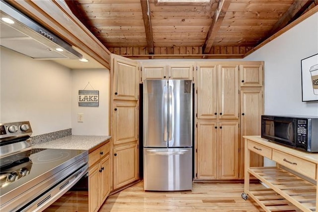 kitchen with stainless steel appliances, wood ceiling, light brown cabinets, light wood finished floors, and beamed ceiling