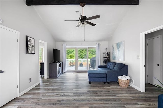 2103 Blue Creek Ct, Conley, GA 30288 - living room featuring ceiling fan, wood finished floors, high vaulted ceiling, and beamed ceiling