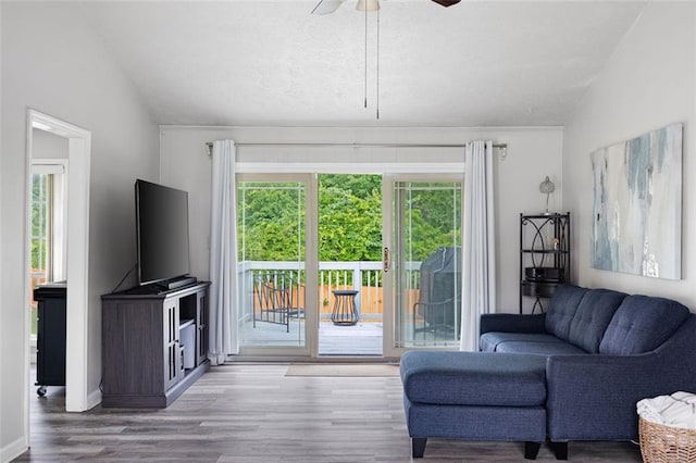 2103 Blue Creek Ct, Conley, GA 30288 - living area featuring vaulted ceiling, wood finished floors, and a ceiling fan