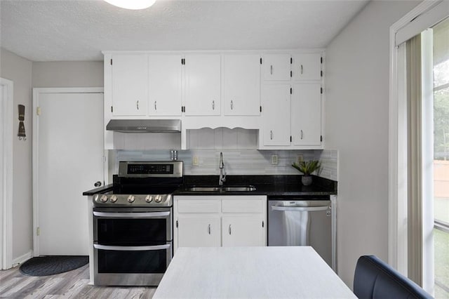 2103 Blue Creek Ct, Conley, GA 30288 - kitchen with appliances with stainless steel finishes, under cabinet range hood, backsplash, white cabinetry, and wood finished floors