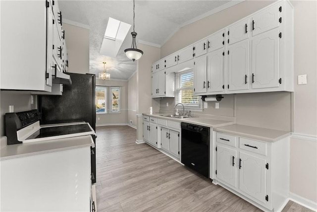 kitchen with sink, white cabinetry, hanging light fixtures, range with electric stovetop, and dishwasher