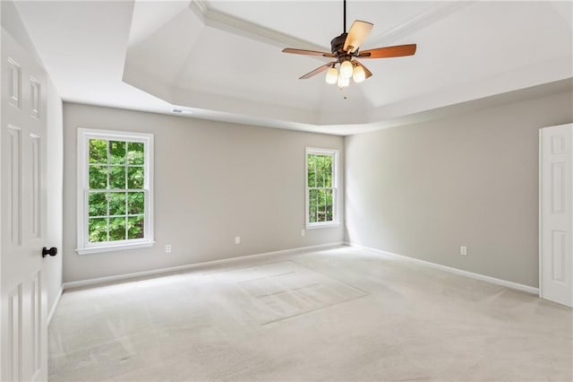 unfurnished room with light colored carpet, plenty of natural light, and a raised ceiling