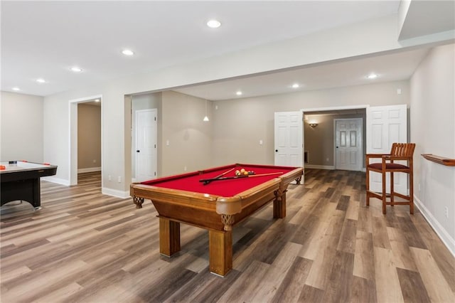 playroom with recessed lighting, pool table, baseboards, and light wood finished floors