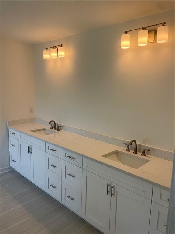 bathroom with a sink, wood finished floors, and double vanity